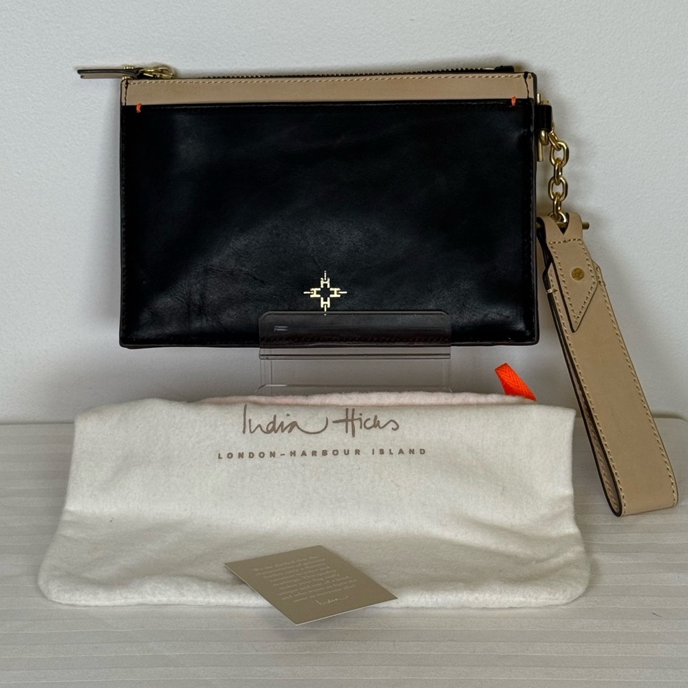 India Hicks ‘Carmen’ Black & Tan Leather Clutch With Tan Leather Wristlet Strap - Picture 1 of 14